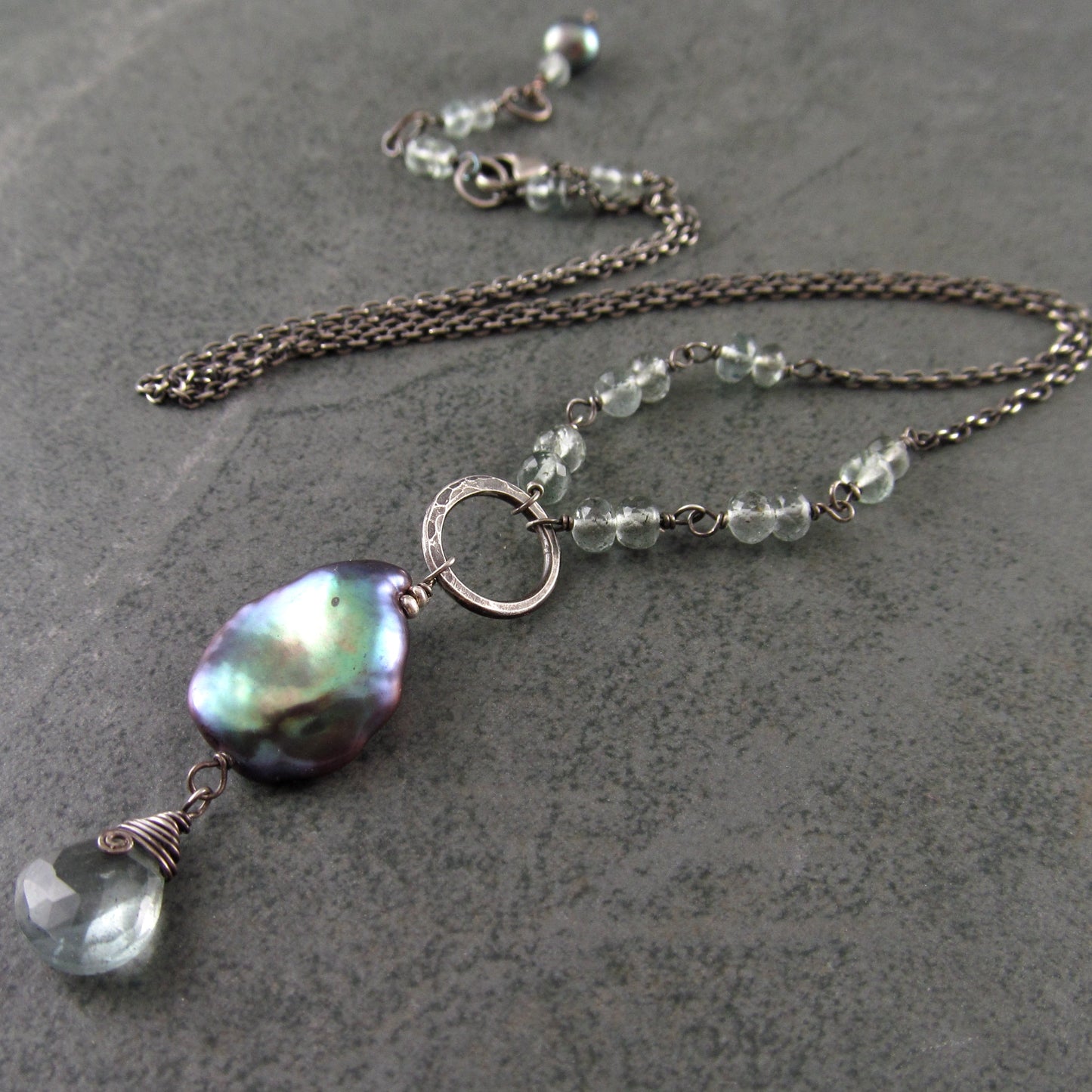 Moss aquamarine necklace, handmade sterling silver & pearl necklace-OOAK