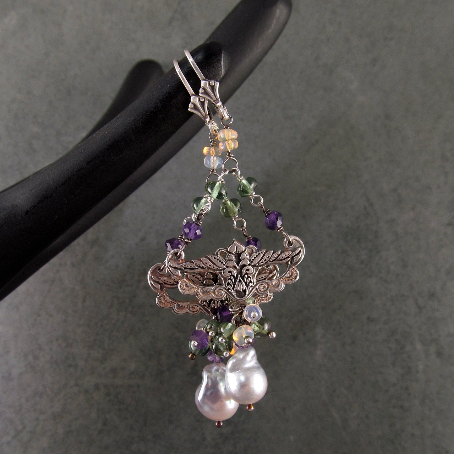 Masquerade earrings, handmade recycled fine silver, amethyst, green apatite and silver Akoya saltwater pearl earrings-Mardi Gras Masque