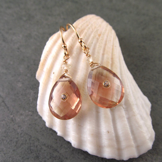 Oregon sunstone earrings, handmade 14k solid gold, peach schiller sunstone and topaz earrings-OOAK