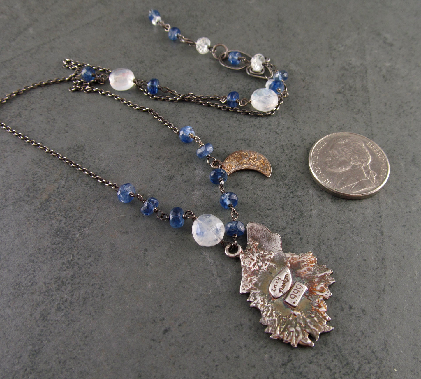 Wolf moon pendant, handmade eco friendly fine silver, moonstone and Kyanite necklace-OOAK