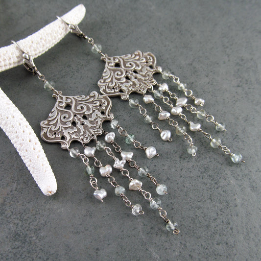 Aquamarine chandelier earrings with silver saltwater keshi pearls, handmade recycled sterling silver earrings-OOAK