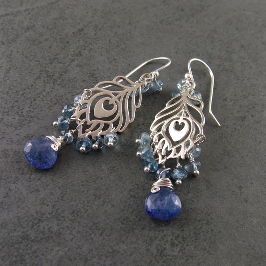 Peacock feather earrings, handmade sterling silver aquamarine and tanzanite chandelier earrings-OOAK