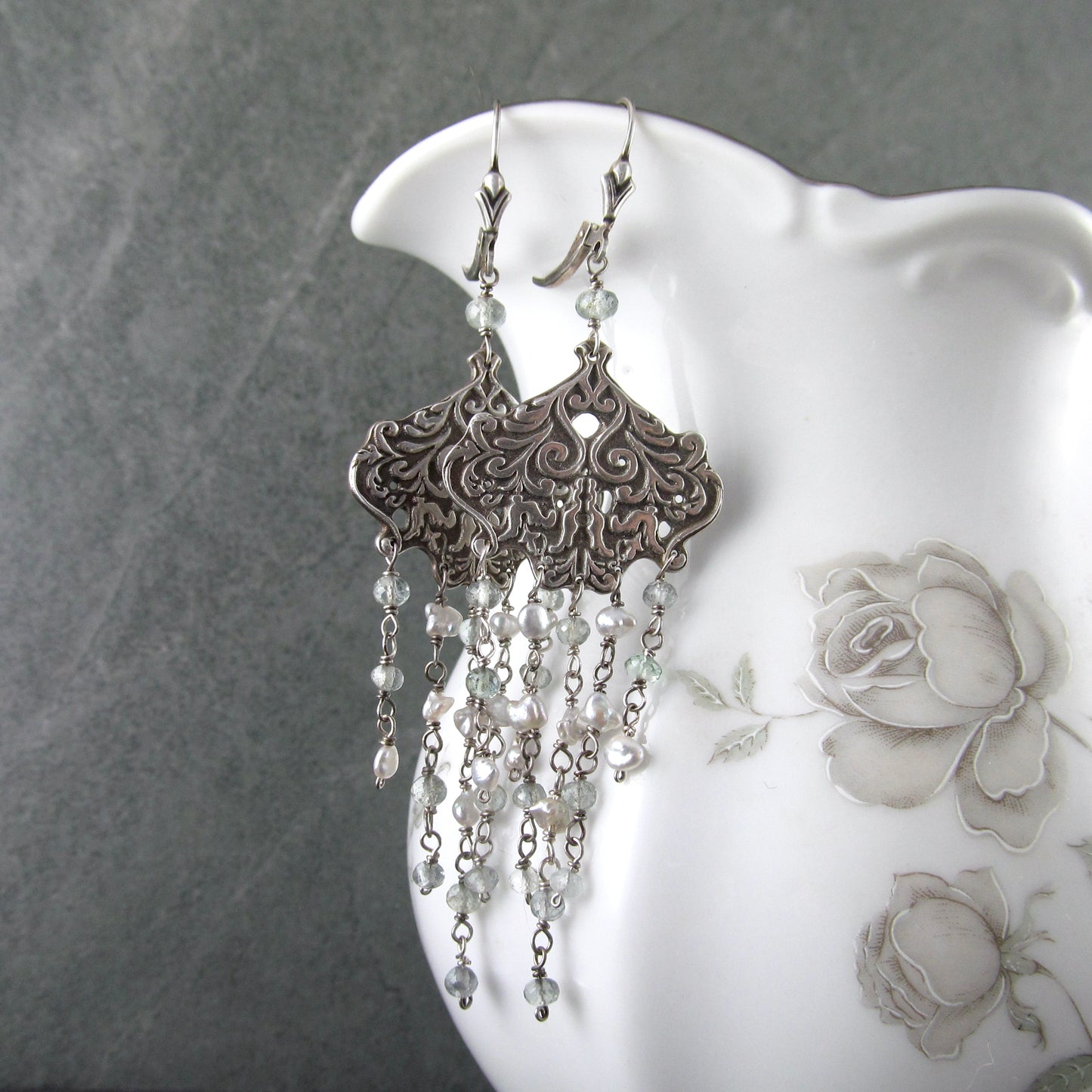 Aquamarine chandelier earrings with silver saltwater keshi pearls, handmade recycled sterling silver earrings-OOAK