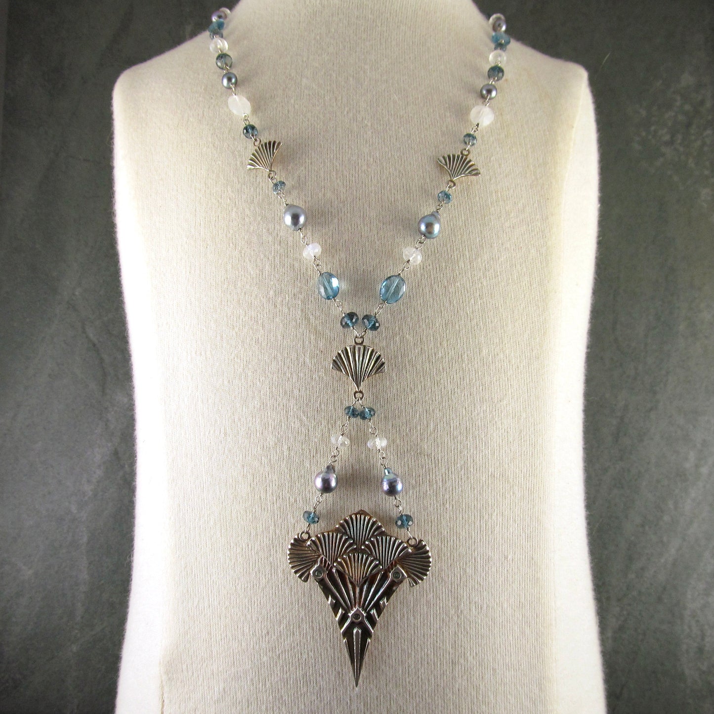 Art Deco mermaid necklace, handmade recycled fine silver, London blue topaz, Akoya saltwater pearl and rainbow moonstone necklace-OOAK