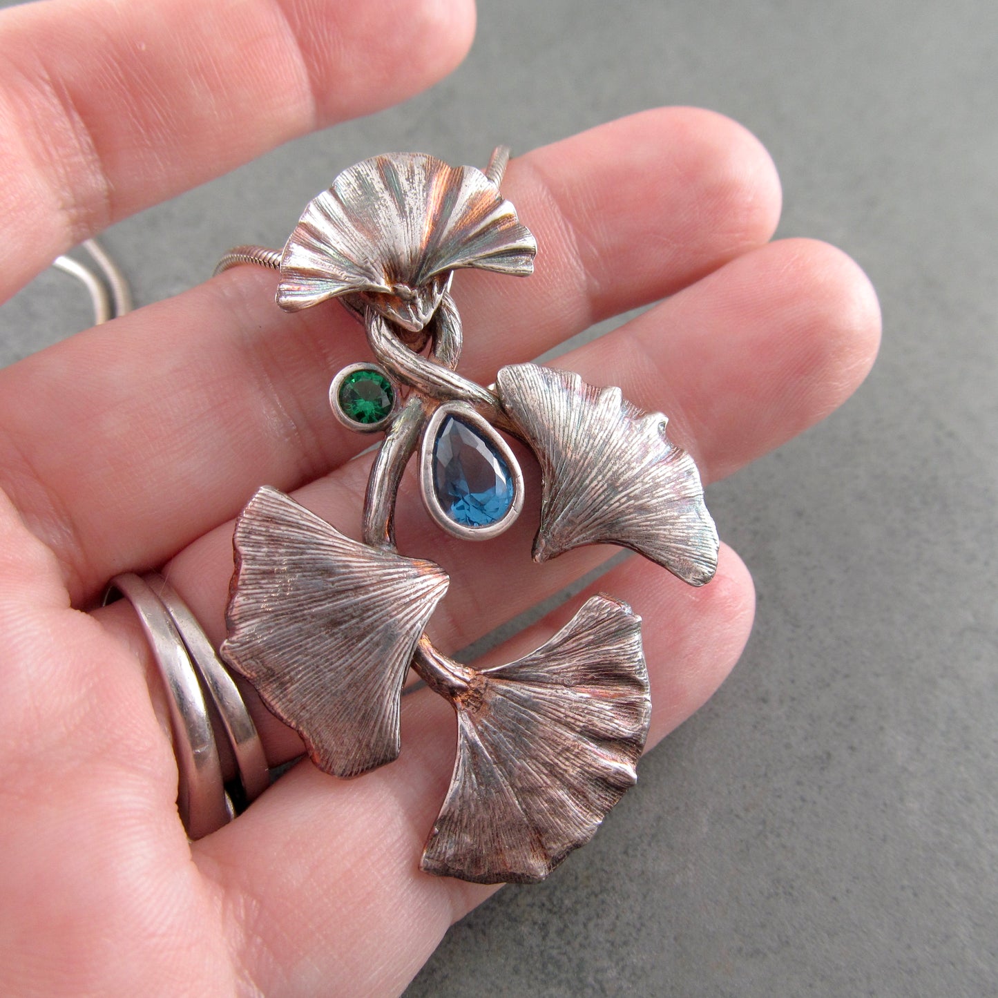 Gingko celebration pendant, handmade eco friendly fine silver necklace with blue spinel and green nano crystal-OOAK