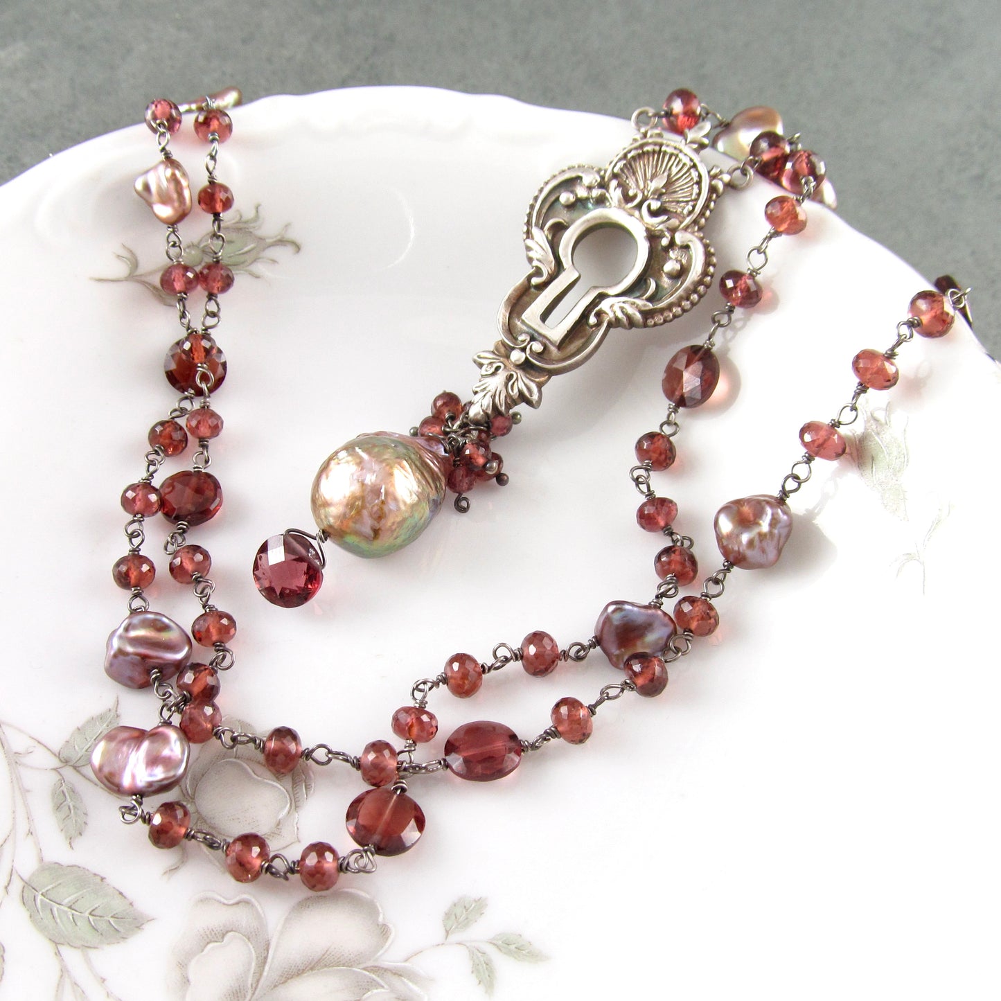 Long garnet keyhole necklace, handmade recycled fine silver, sterling silver, garnet and pearl necklace