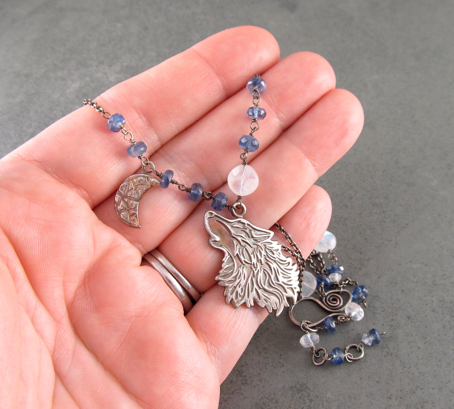 Wolf moon pendant, handmade eco friendly fine silver, moonstone and Kyanite necklace-OOAK