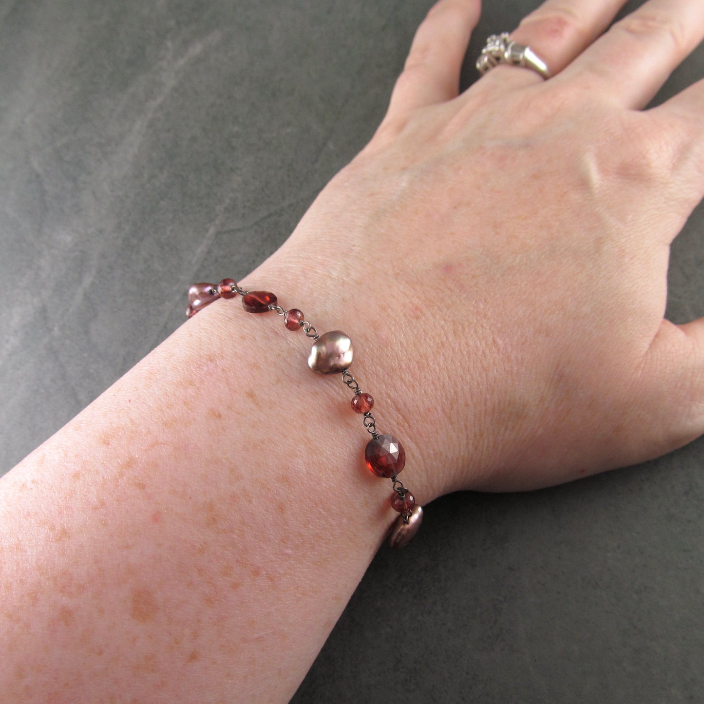 Garnet and pearl bracelet, handmade oxidized sterling silver bracelet-OOAK