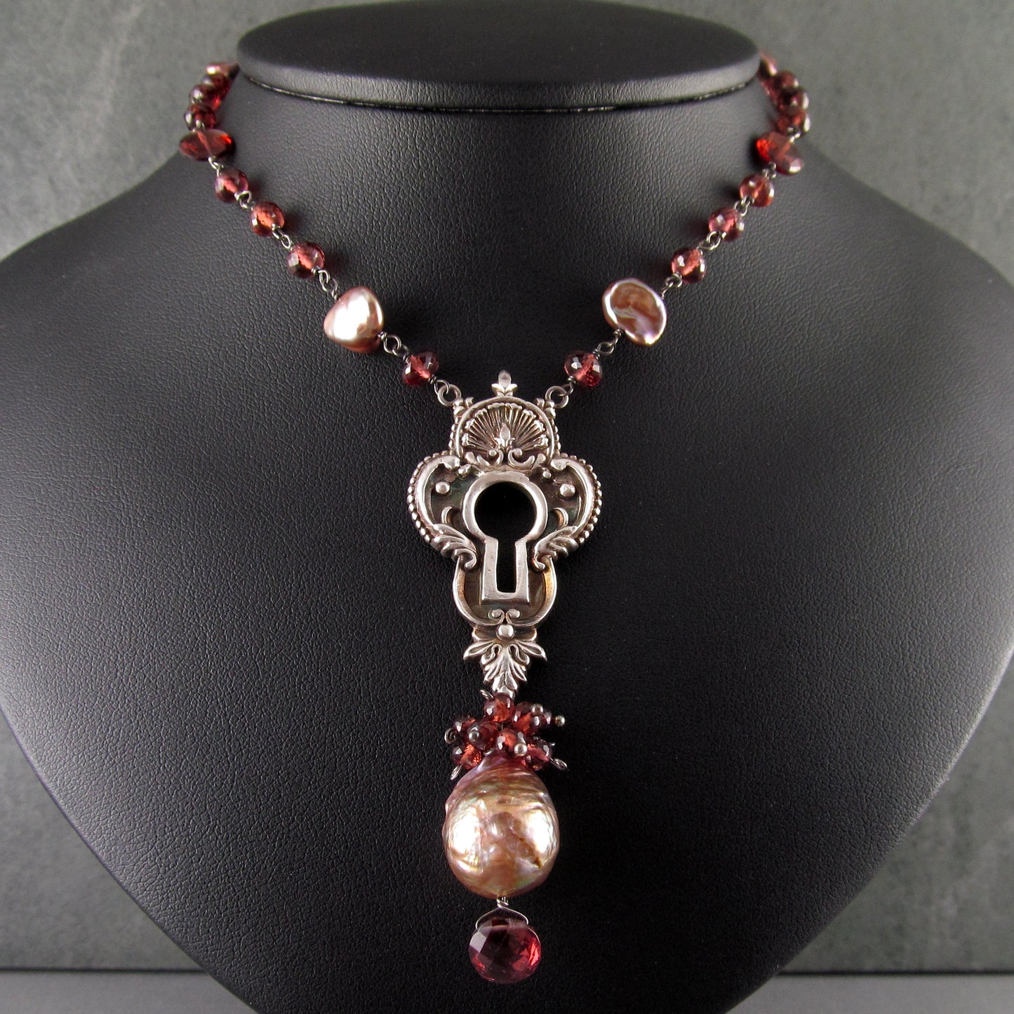 Long garnet keyhole necklace, handmade recycled fine silver, sterling silver, garnet and pearl necklace