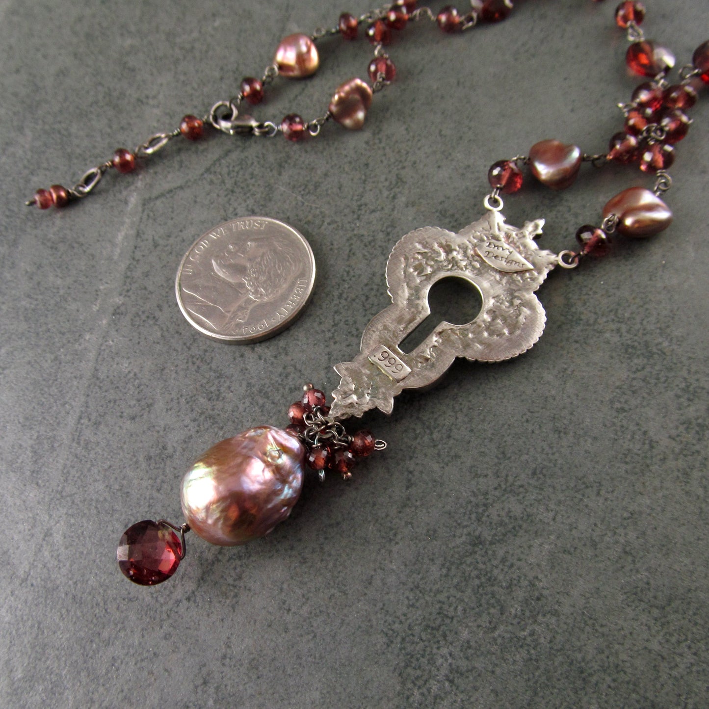 Long garnet keyhole necklace, handmade recycled fine silver, sterling silver, garnet and pearl necklace