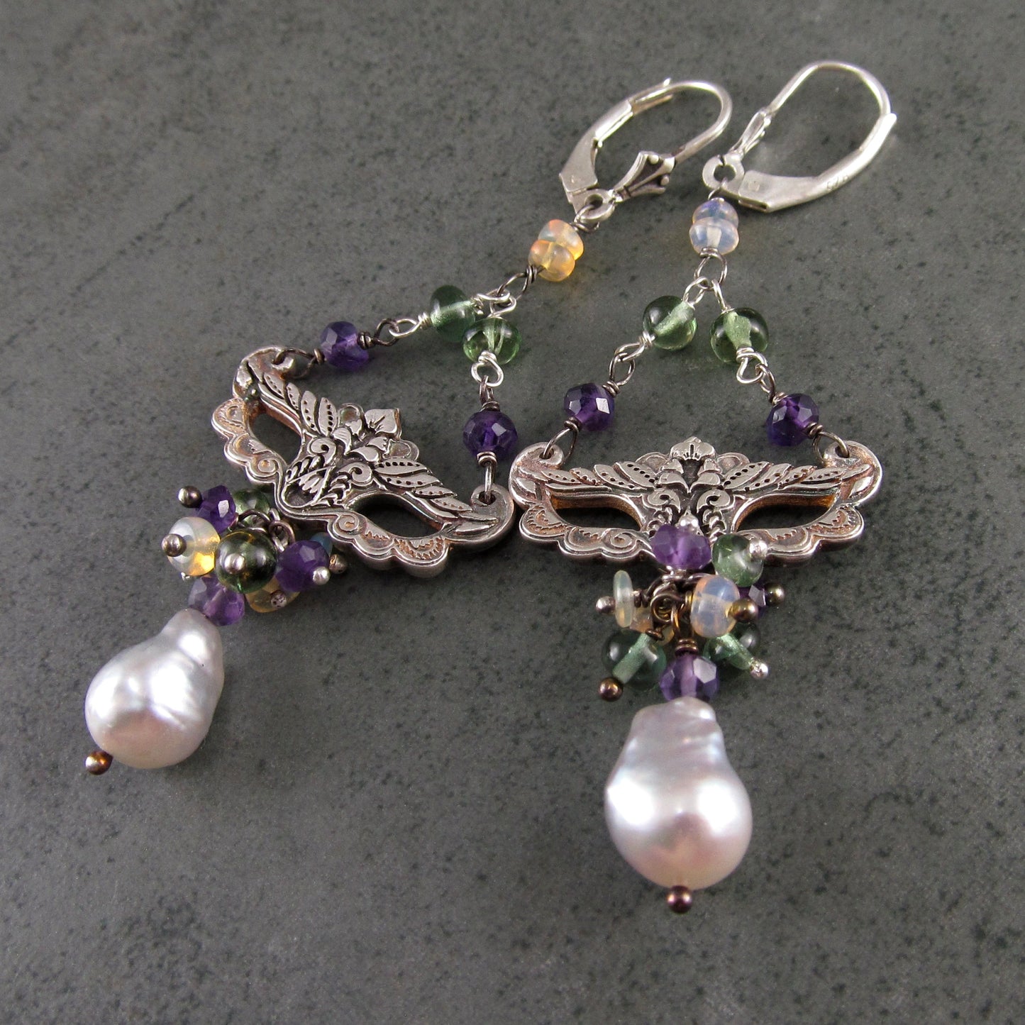Masquerade earrings, handmade recycled fine silver, amethyst, green apatite and silver Akoya saltwater pearl earrings-Mardi Gras Masque