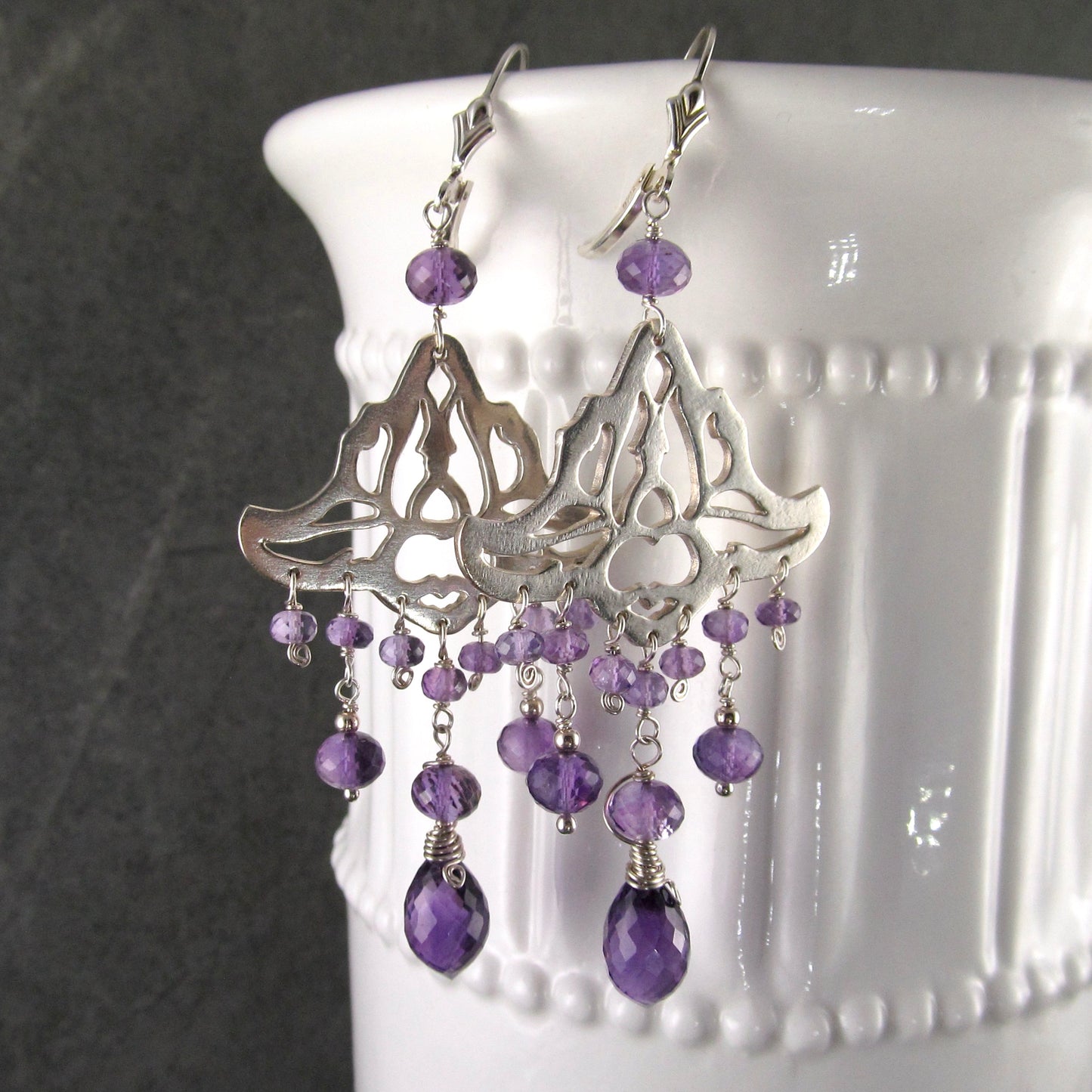 Amethyst chandelier earrings, handmade recycled sterling silver earrings-OOAK February birthstone jewelry