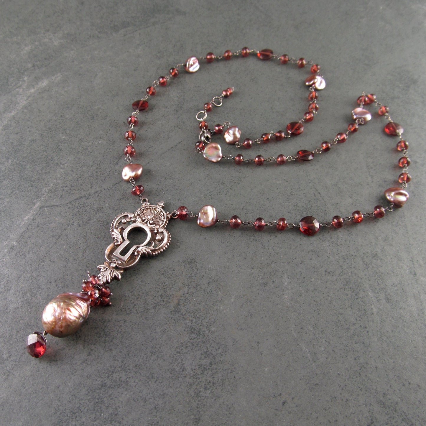 Long garnet keyhole necklace, handmade recycled fine silver, sterling silver, garnet and pearl necklace