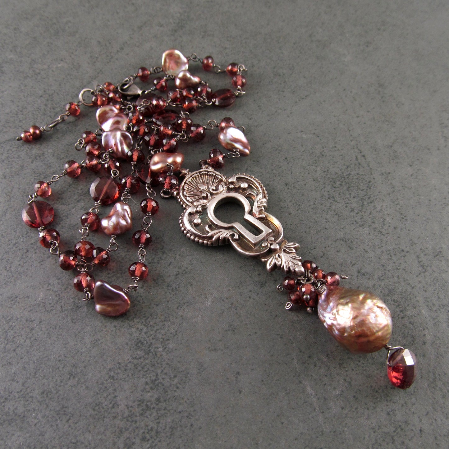 Long garnet keyhole necklace, handmade recycled fine silver, sterling silver, garnet and pearl necklace