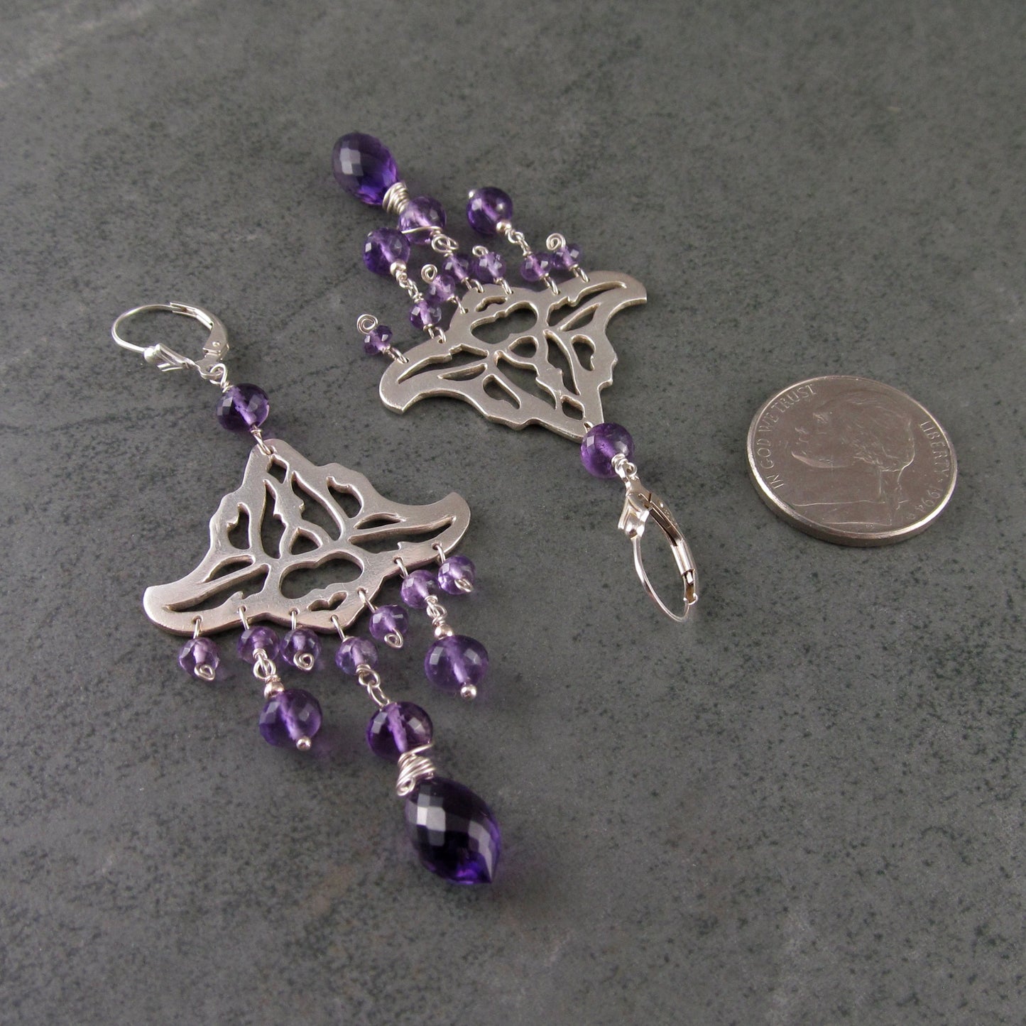 Amethyst chandelier earrings, handmade recycled sterling silver earrings-OOAK February birthstone jewelry