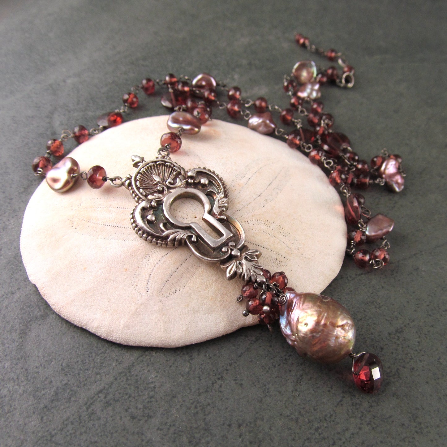 Long garnet keyhole necklace, handmade recycled fine silver, sterling silver, garnet and pearl necklace