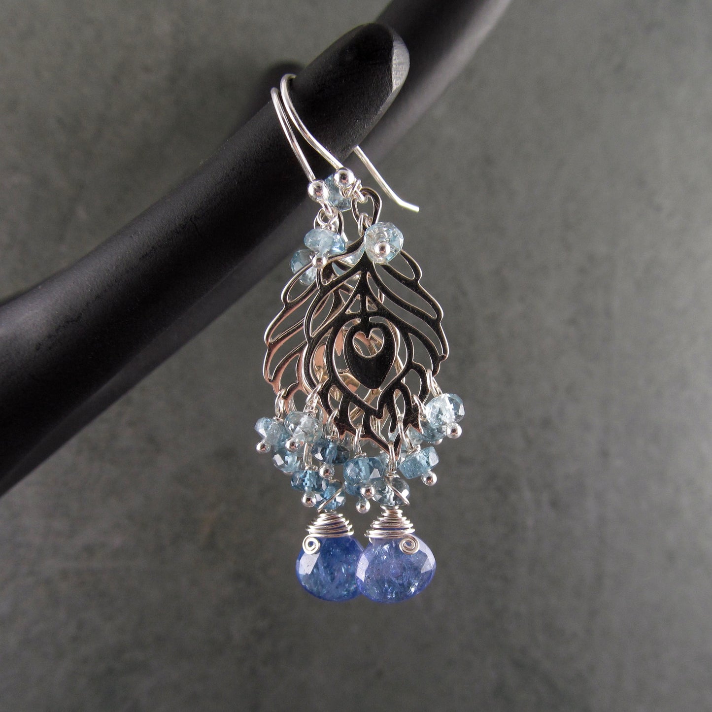 Peacock feather earrings, handmade sterling silver aquamarine and tanzanite chandelier earrings-OOAK