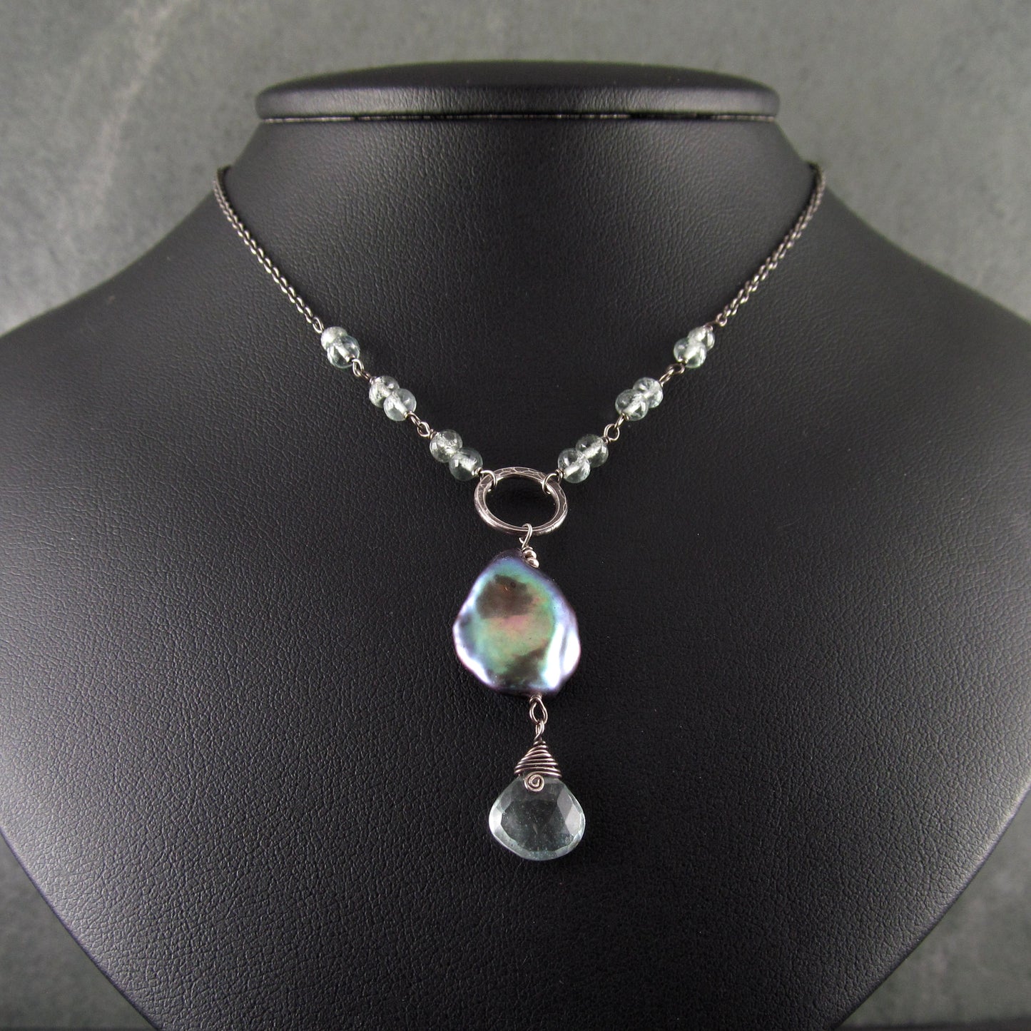 Moss aquamarine necklace, handmade sterling silver & pearl necklace-OOAK