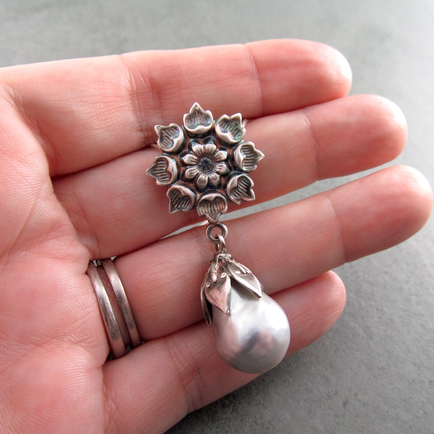 Sapphire & Tahitian pearl pendant, handmade eco friendly fine silver flower necklace with Montana blue sapphire-OOAK