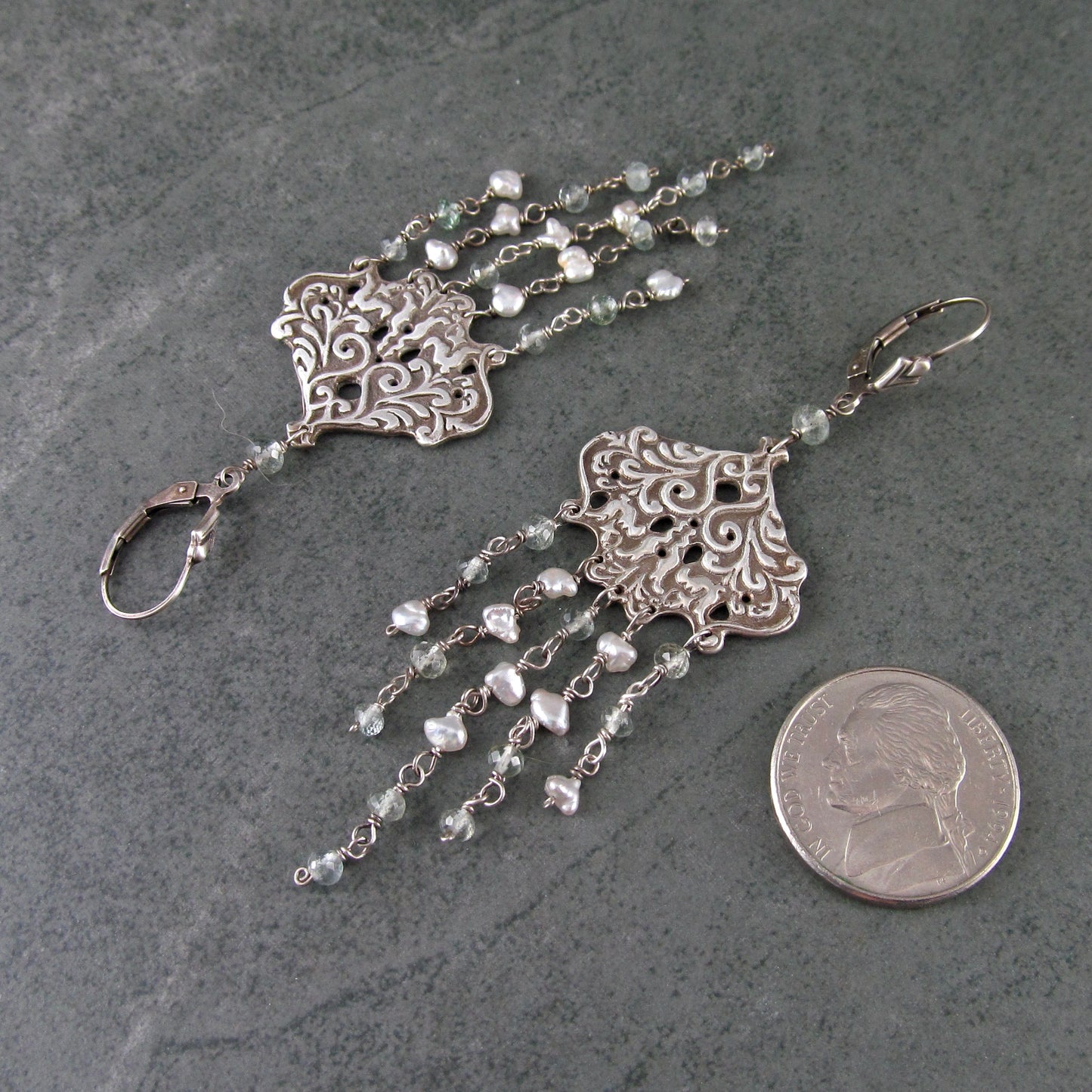 Aquamarine chandelier earrings with silver saltwater keshi pearls, handmade recycled sterling silver earrings-OOAK