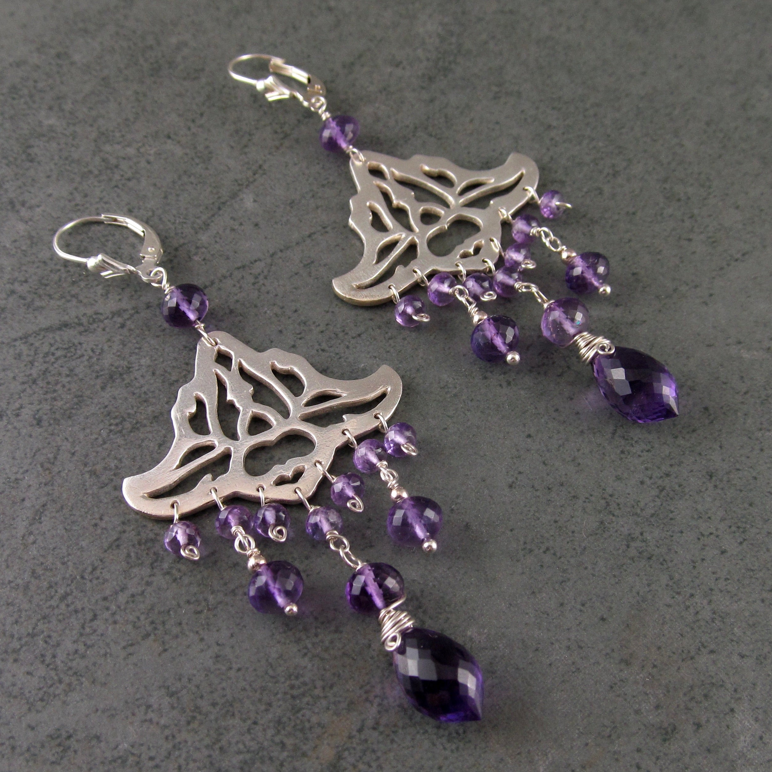 Unique sterling Silver Amethyst gemstone dangle earrings / silver 925 / Balinese granulation art handmade jewelry / shops (#219m)