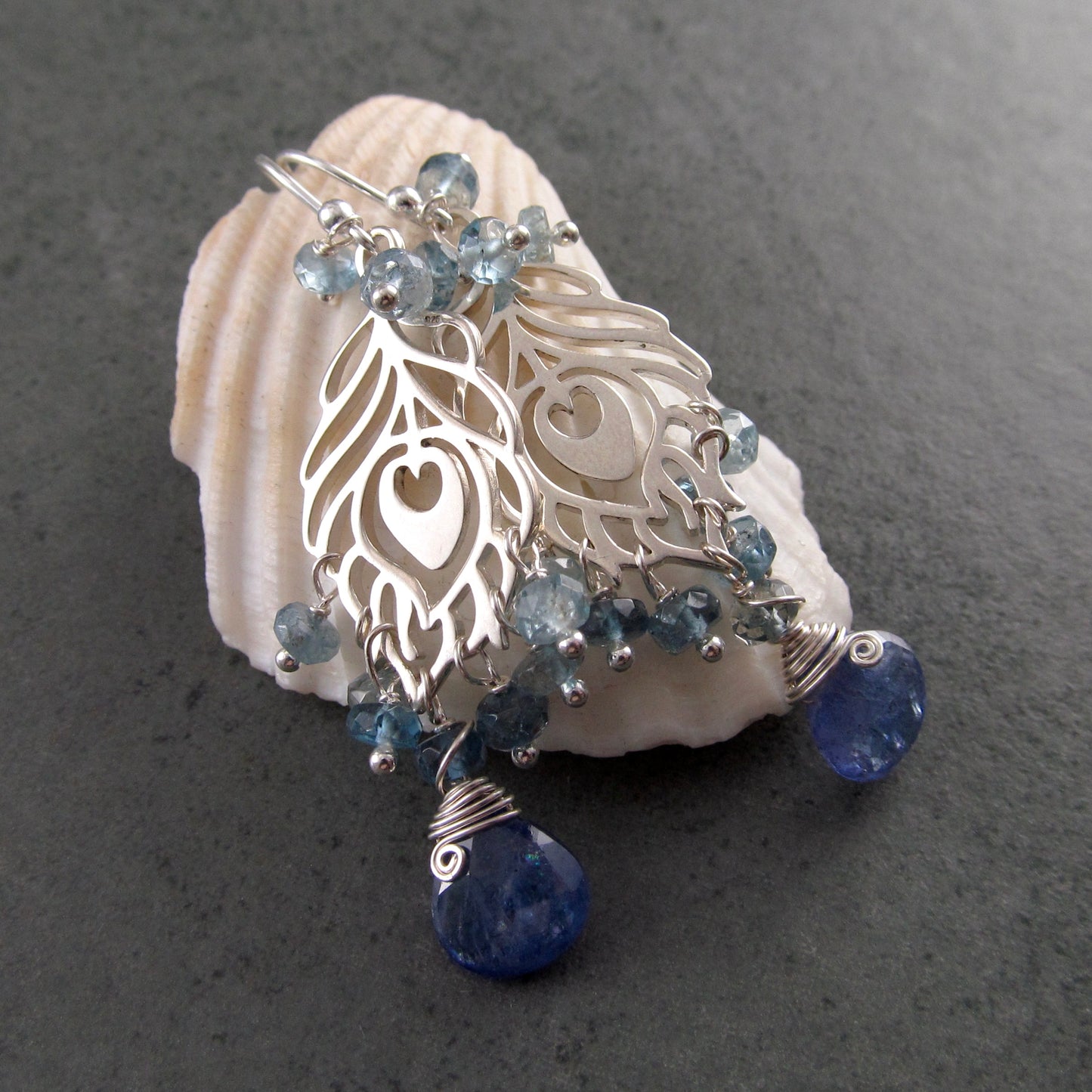 Peacock feather earrings, handmade sterling silver aquamarine and tanzanite chandelier earrings-OOAK