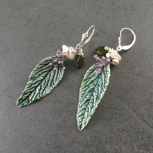 Green leaf earrings with enamel, purple sapphires, pearl and vesuvianite