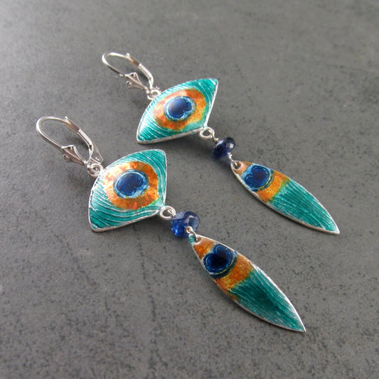 Peacock feather enamel earrings, recycled fine silver