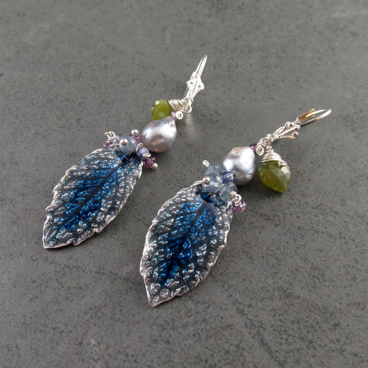 Blue enameled fine silver leaf earrings, with blue Akoya pearls, sapphire, vesuvianite leaves