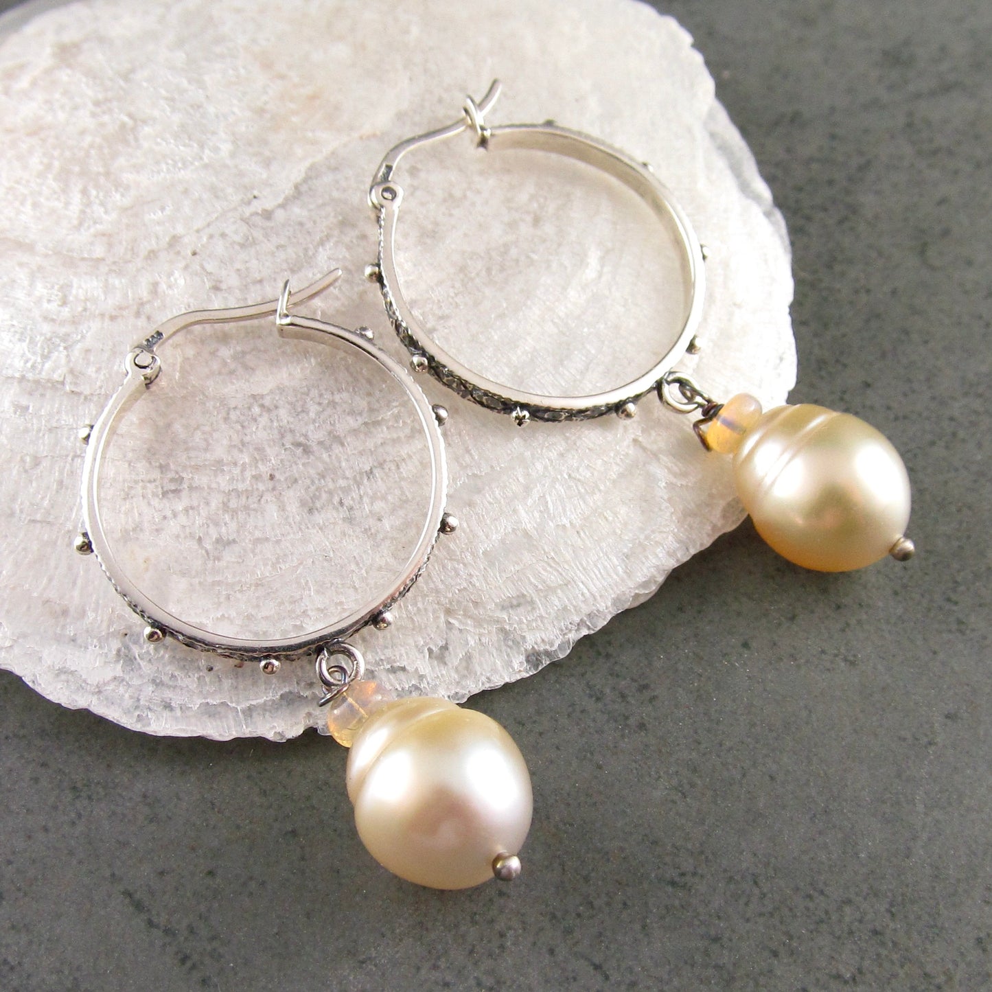 Sterling silver hoop earrings with gold South Sea pearls and Ethiopian opals