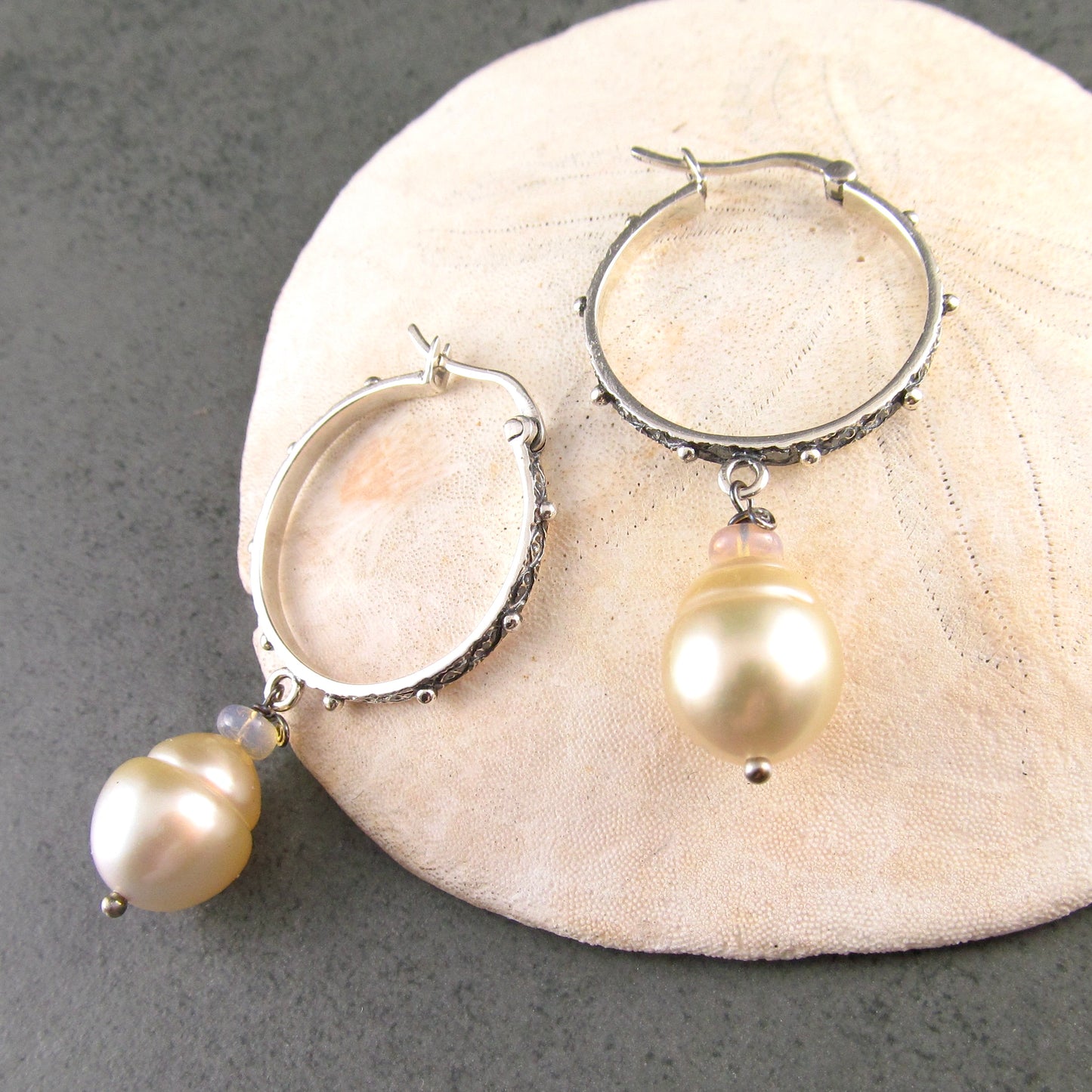 Sterling silver hoop earrings with gold South Sea pearls and Ethiopian opals