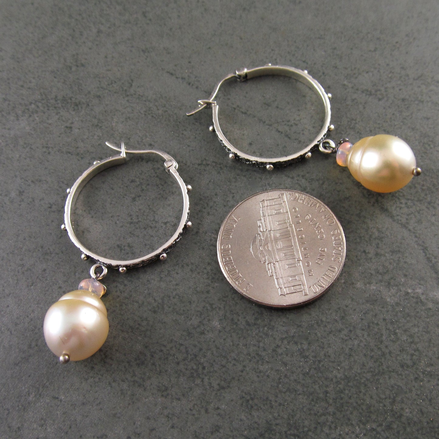 Sterling silver hoop earrings with gold South Sea pearls and Ethiopian opals