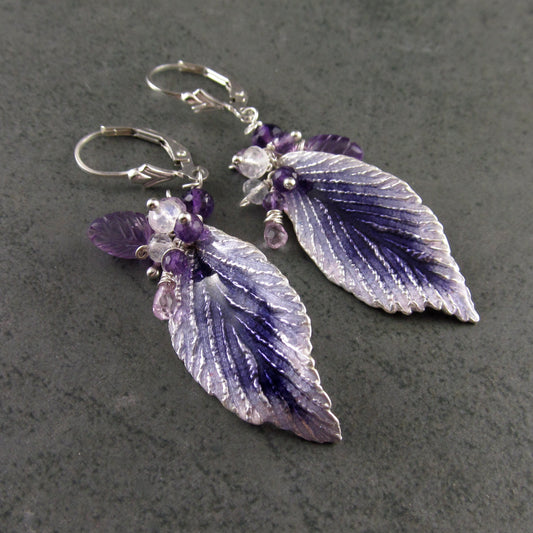 Purple enamel leaf earrings in fine silver with amethyst, moonstone and lavender sapphire