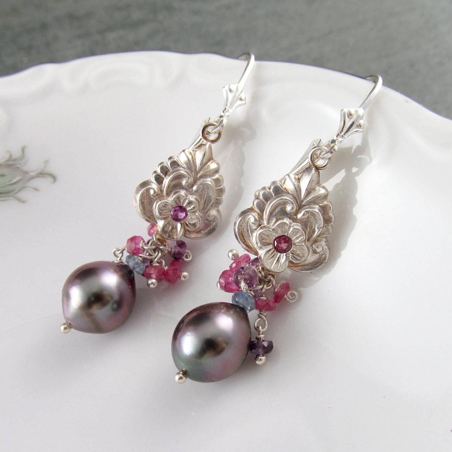 Pink sapphire flower earrings with Tahitian pearls in recycled fine silver