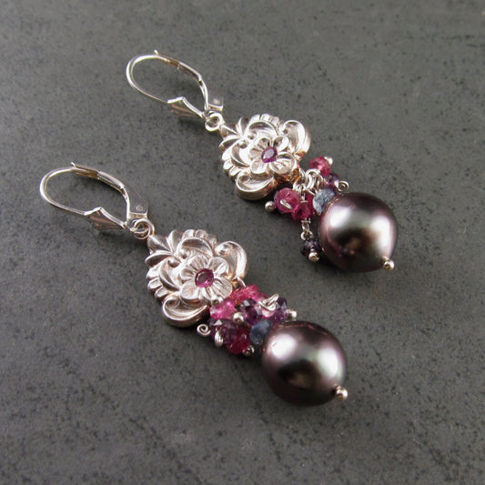Pink sapphire flower earrings with Tahitian pearls in recycled fine silver