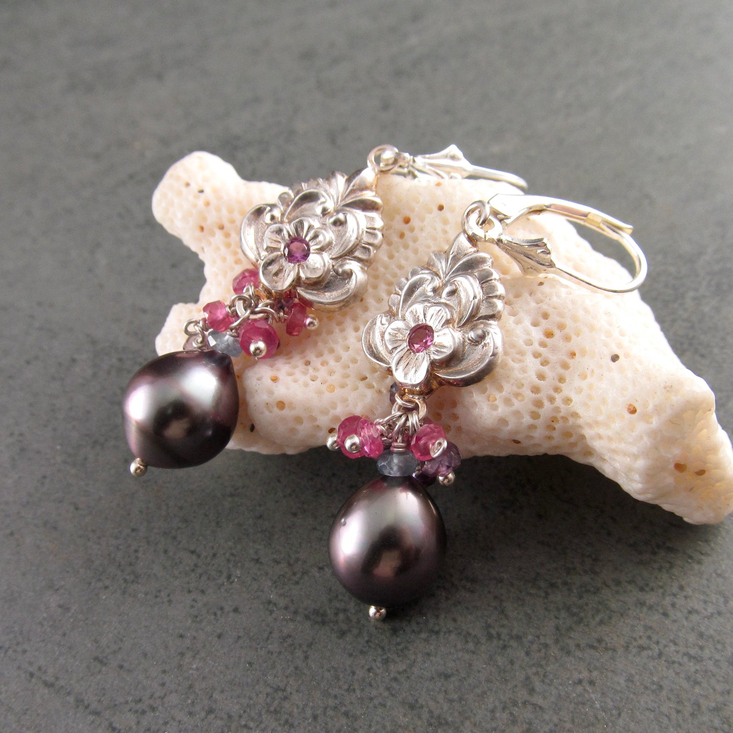 Pink sapphire flower earrings with Tahitian pearls in recycled fine silver