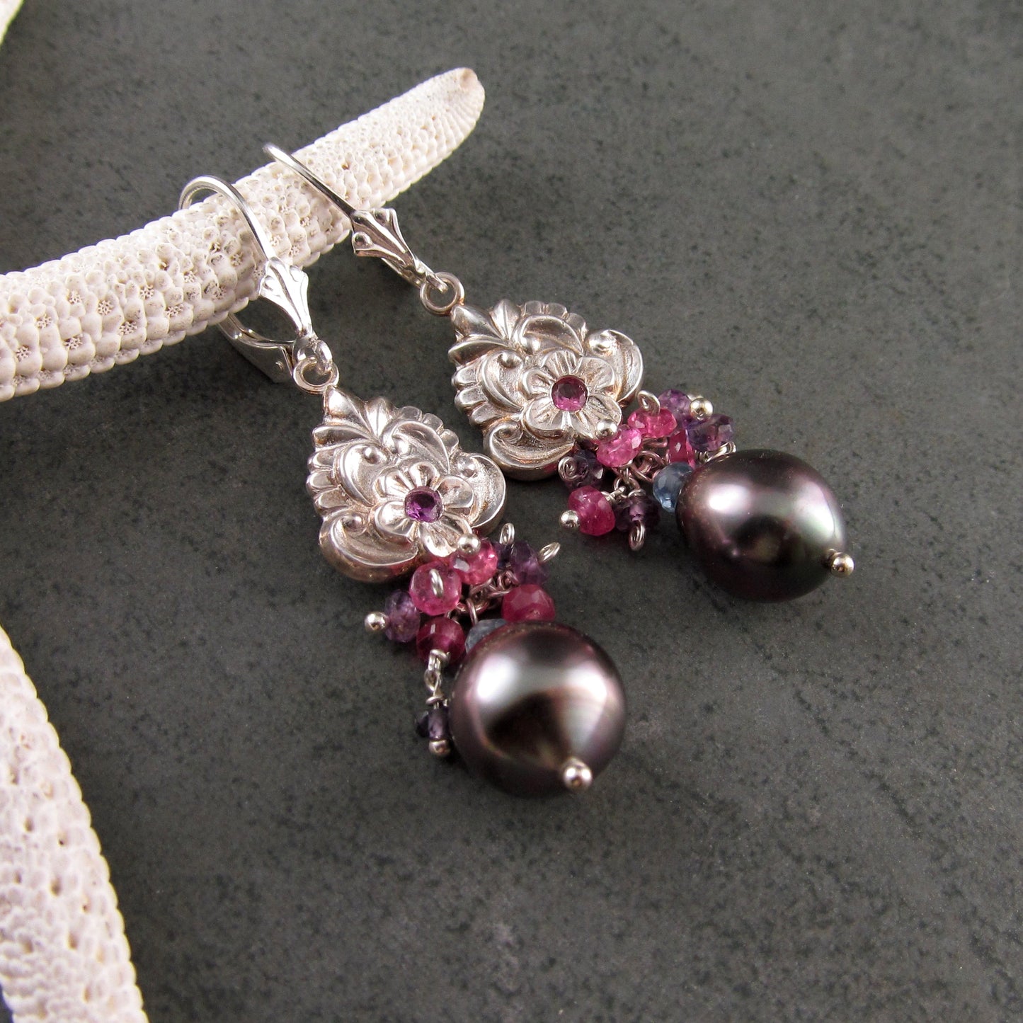 Pink sapphire flower earrings with Tahitian pearls in recycled fine silver