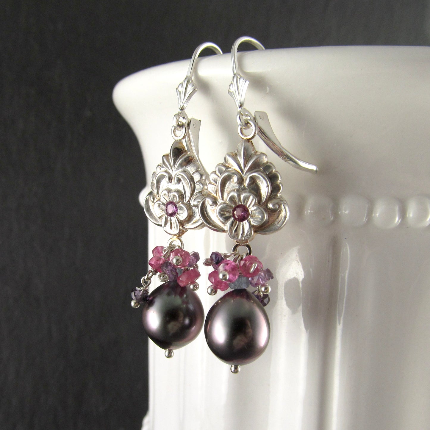 Pink sapphire flower earrings with Tahitian pearls in recycled fine silver