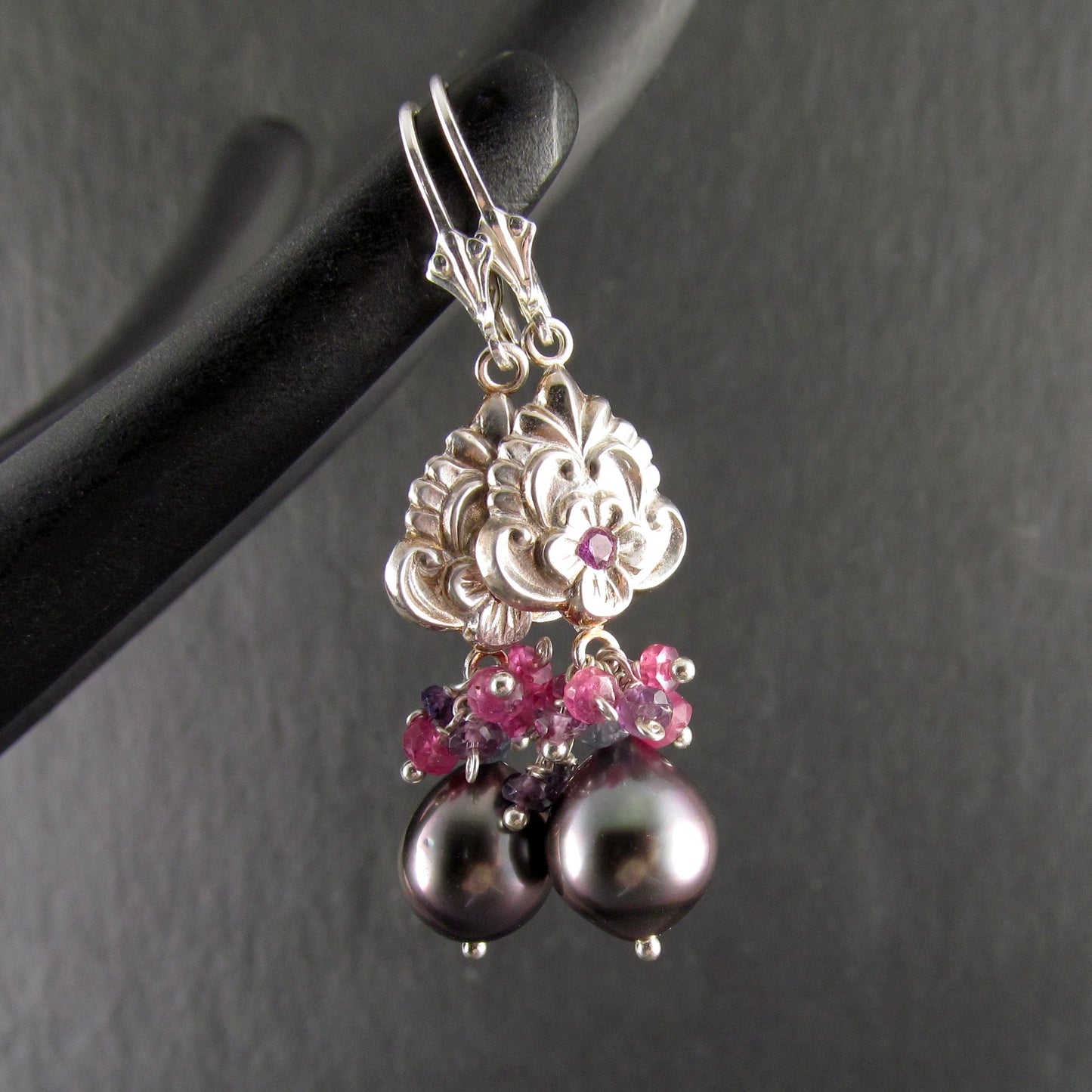 Pink sapphire flower earrings with Tahitian pearls in recycled fine silver