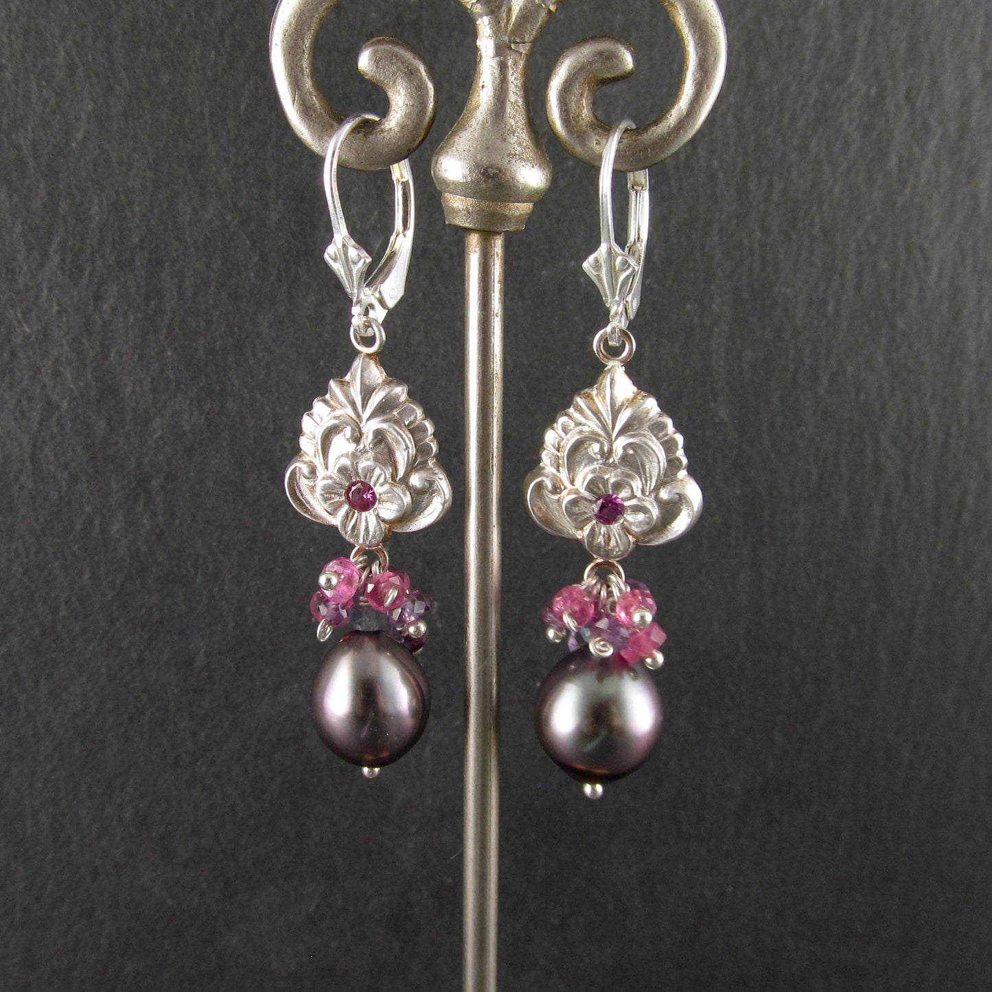 Pink sapphire flower earrings with Tahitian pearls in recycled fine silver