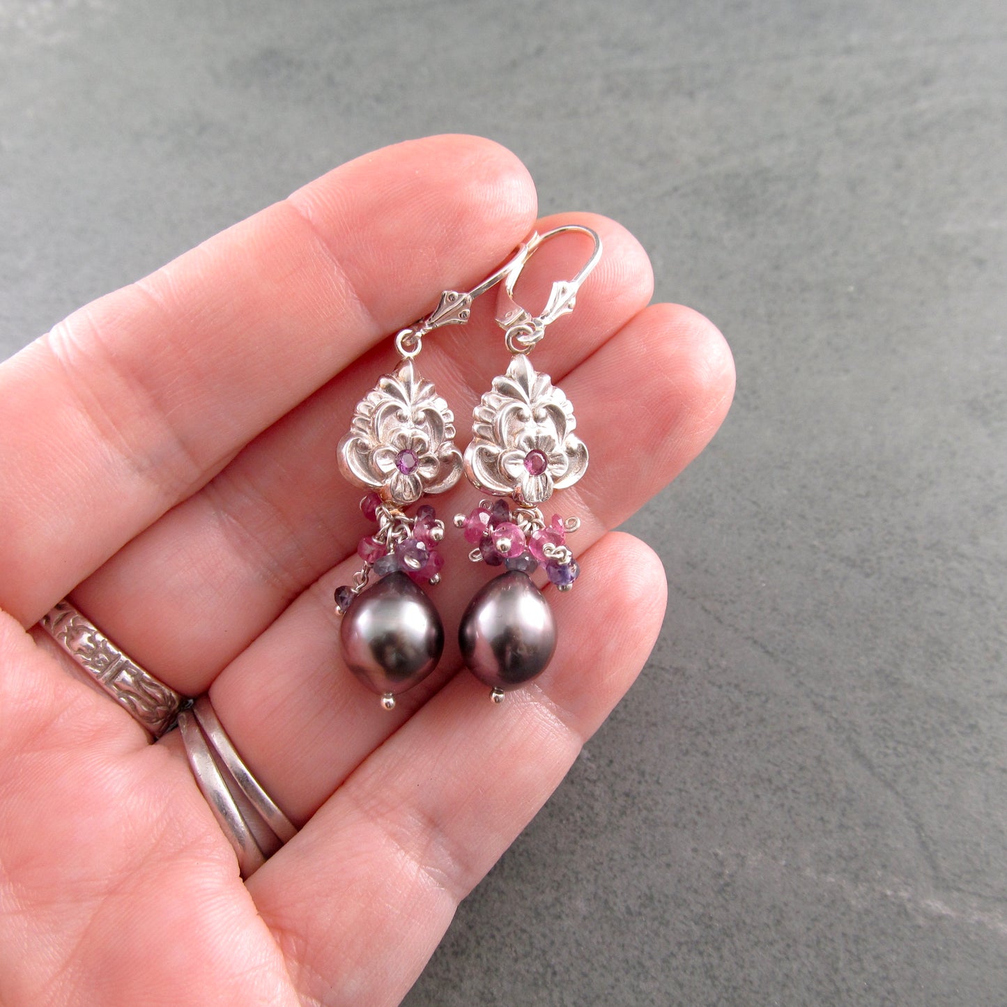 Pink sapphire flower earrings with Tahitian pearls in recycled fine silver