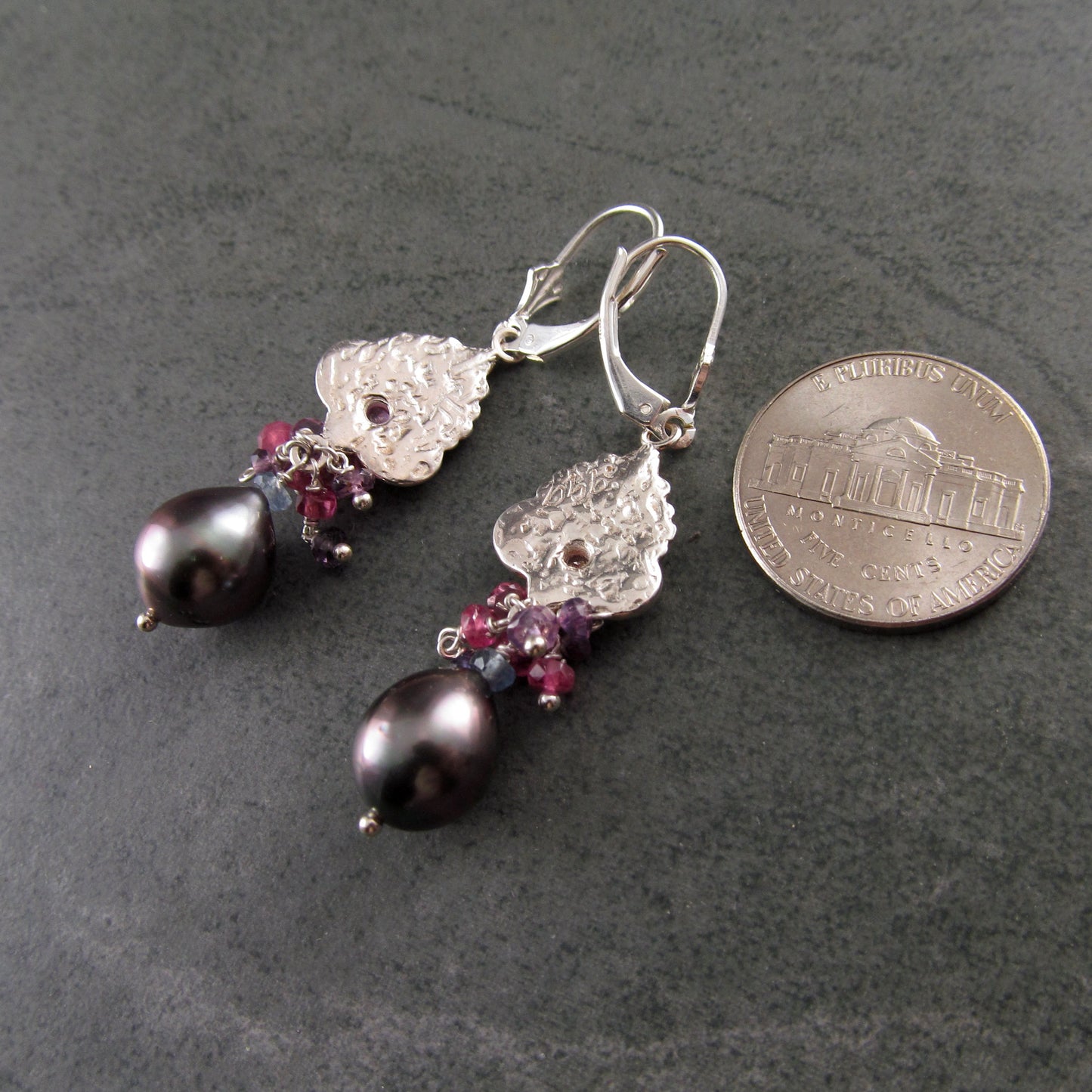 Pink sapphire flower earrings with Tahitian pearls in recycled fine silver