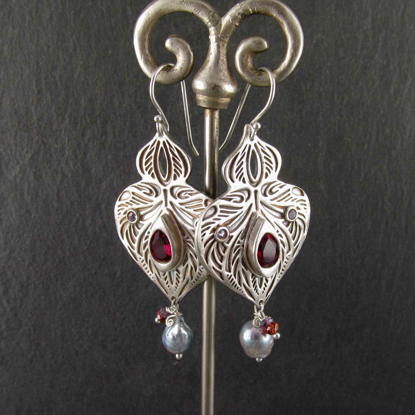 Garnet arabesque earrings with purple sapphire and blue Akoya pearls in recycled fine silver