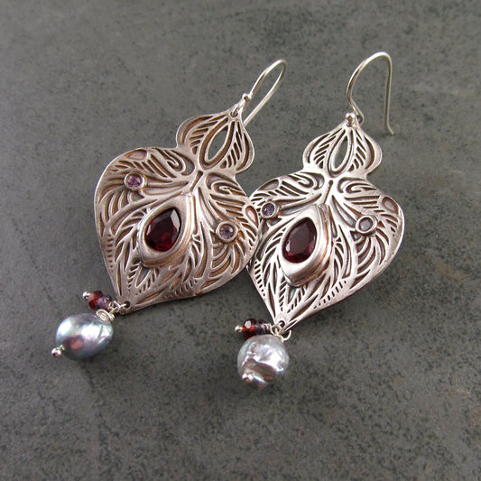 Garnet arabesque earrings with purple sapphire and blue Akoya pearls in recycled fine silver