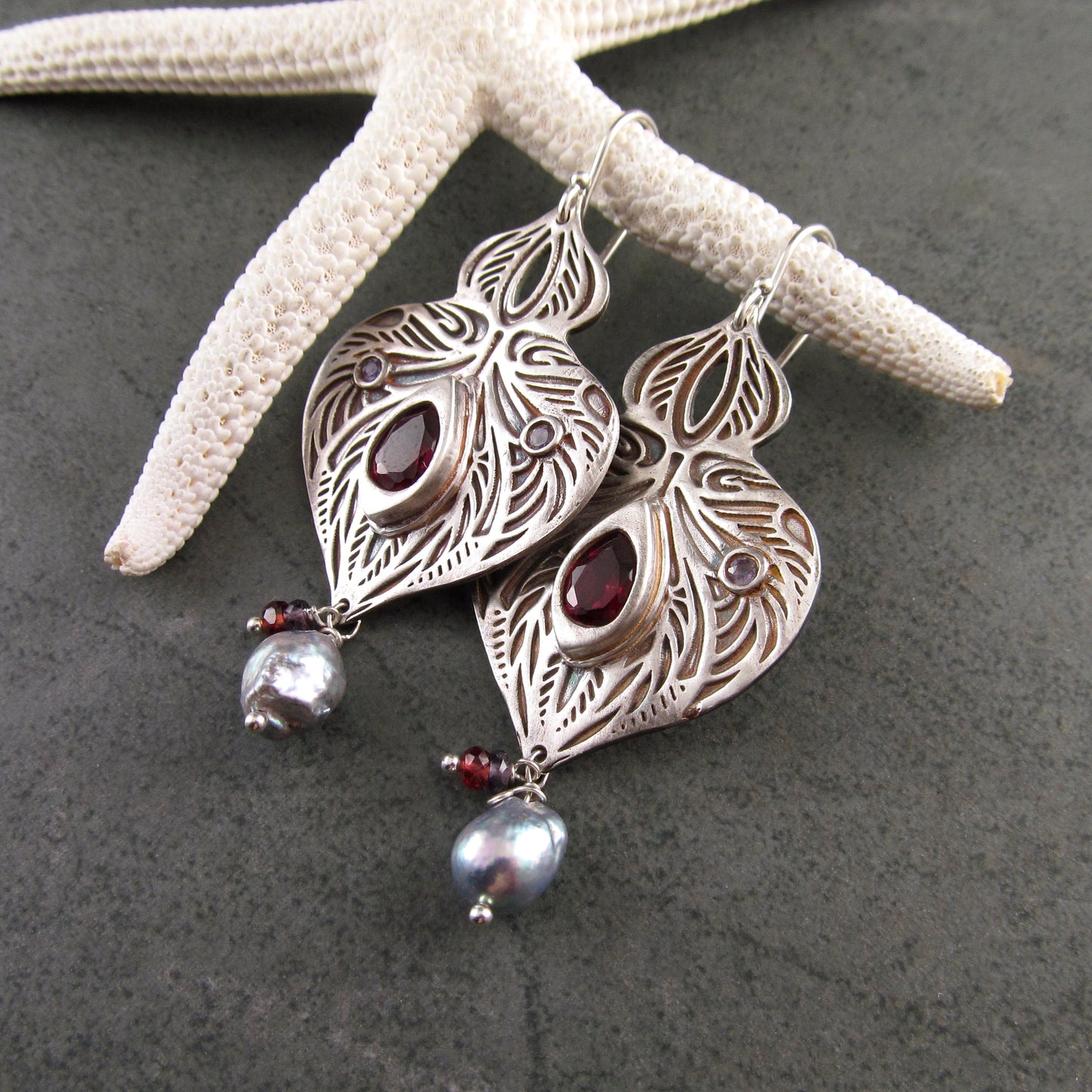 Garnet arabesque earrings with purple sapphire and blue Akoya pearls in recycled fine silver