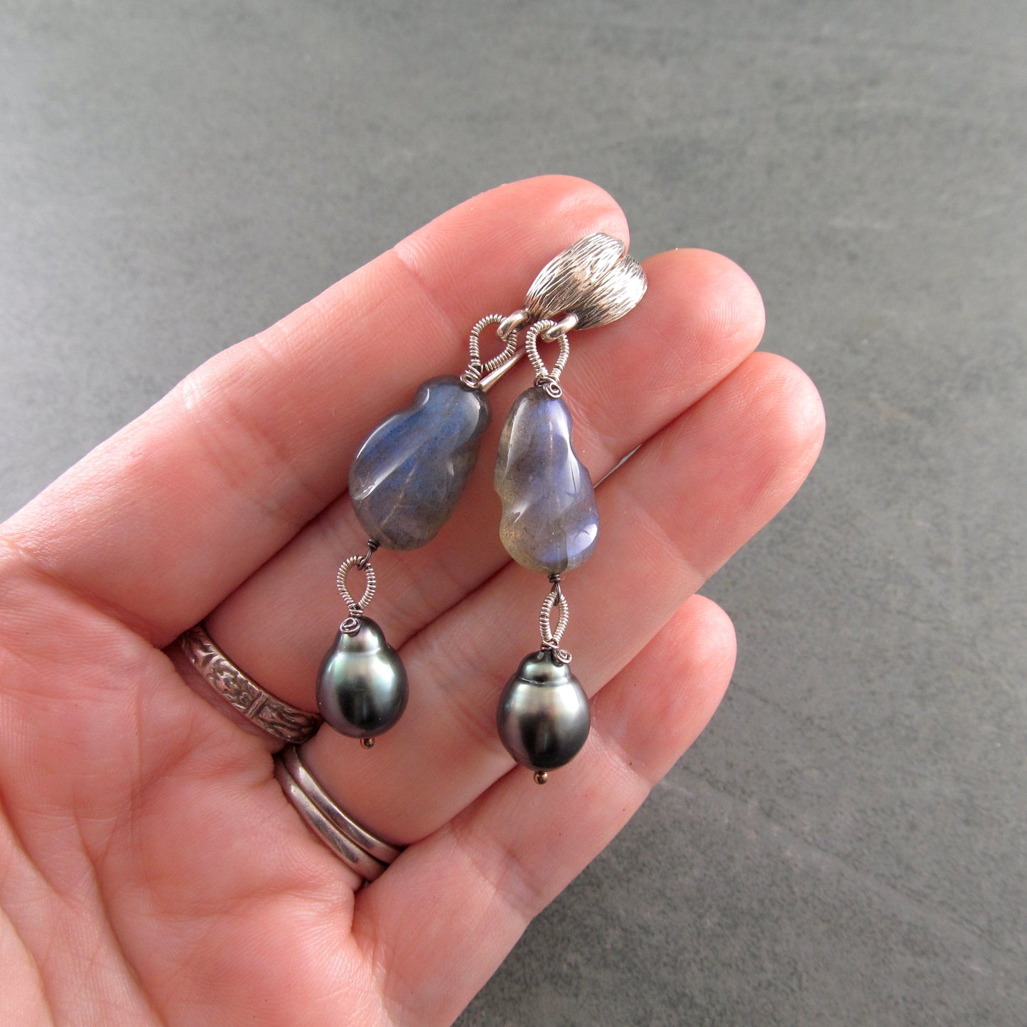 Tahitian pearl and blue labradorite earrings in sterling silver