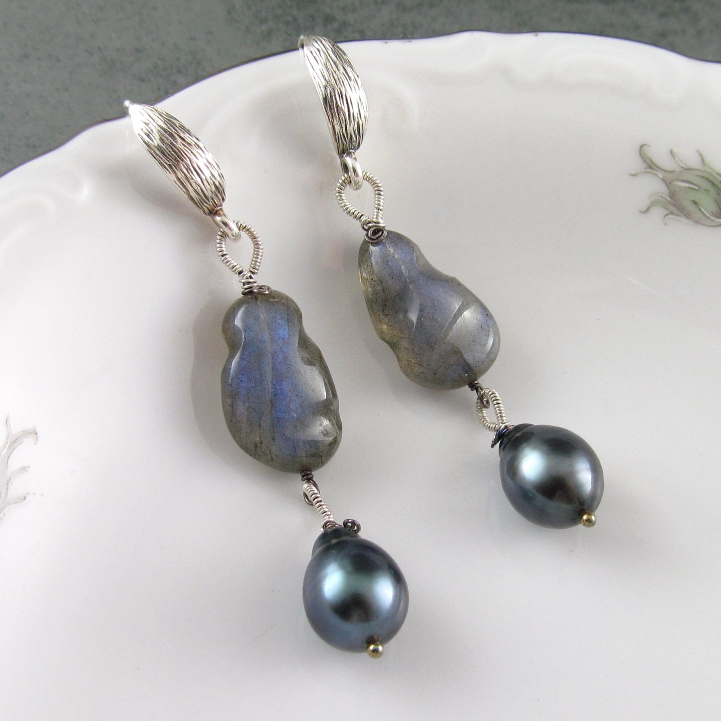 Tahitian pearl and blue labradorite earrings in sterling silver