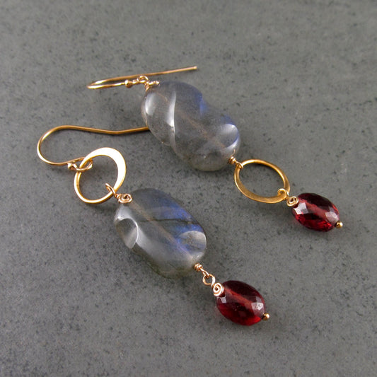 Blue labradorite earrings with garnet in 14k gold fill, mis matched earrings