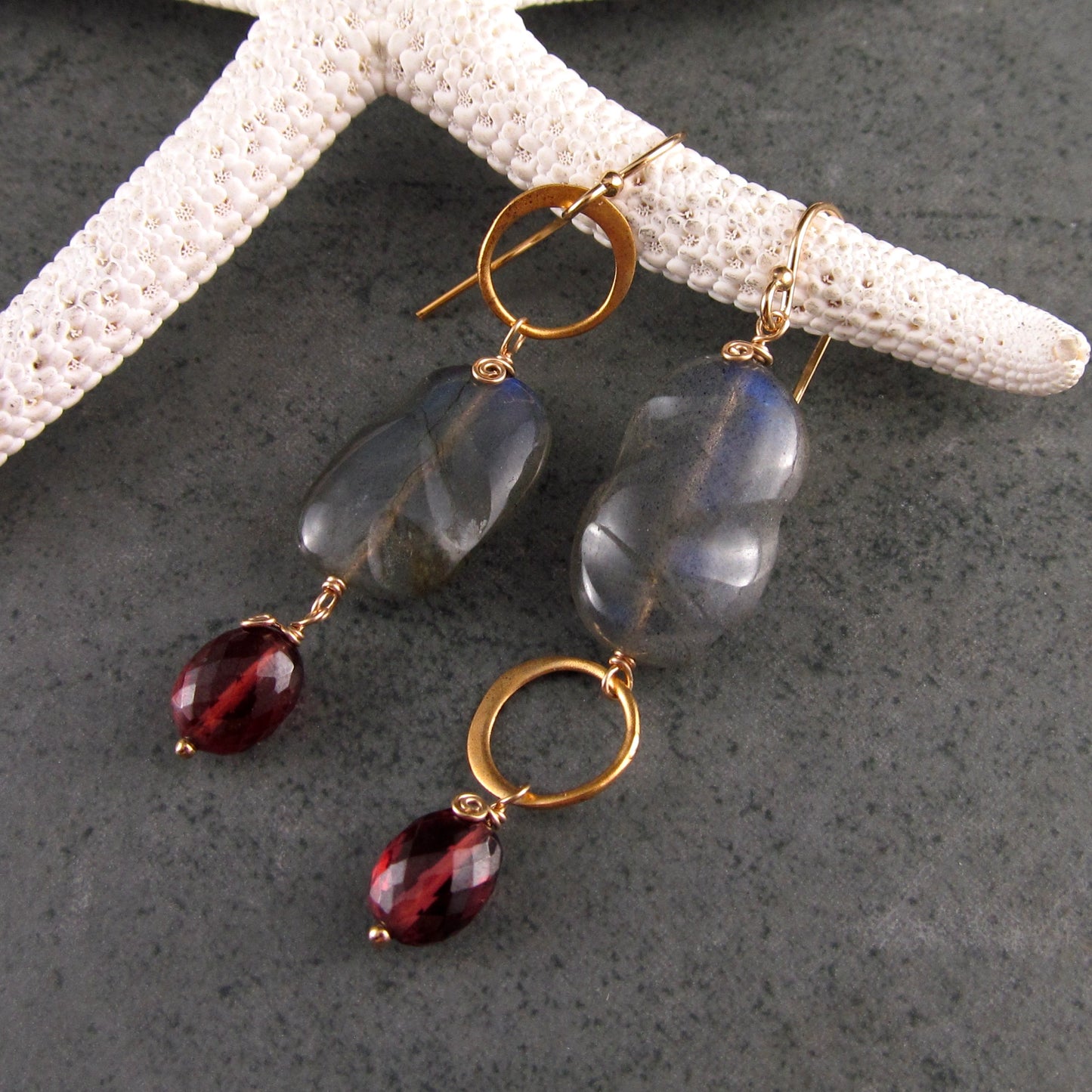 Blue labradorite earrings with garnet in 14k gold fill, mis matched earrings
