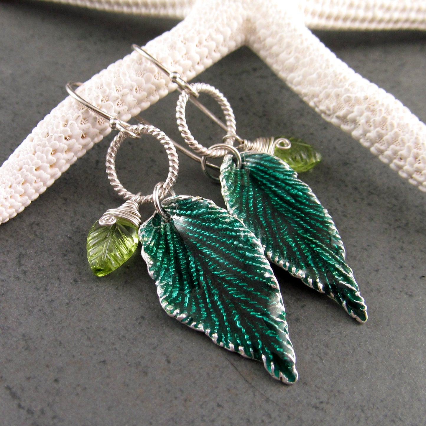 Green enamel leaf earrings, recycled fine silver and peridot